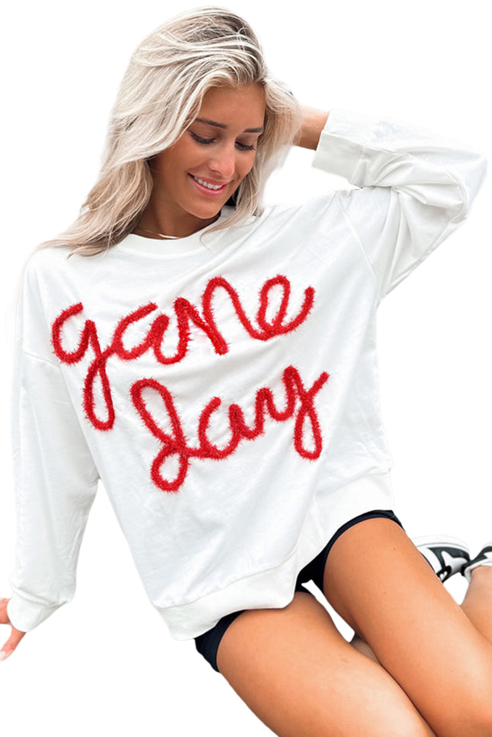 White Tinsel Game Day Drop Shoulder Sweatshirt