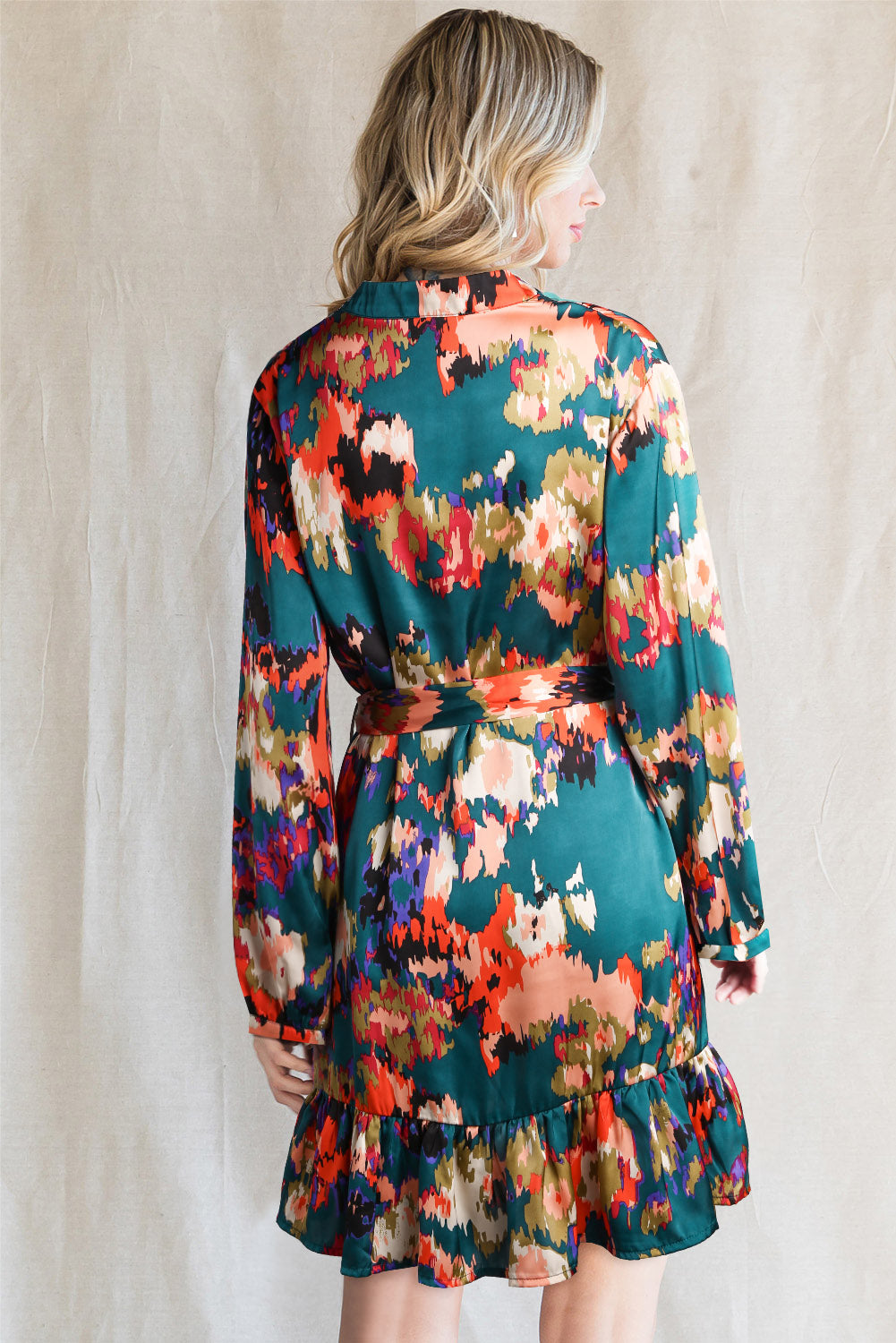 Abstract Print Waist Belted Flounce Hem Split V Neck Long Sleeve Dress