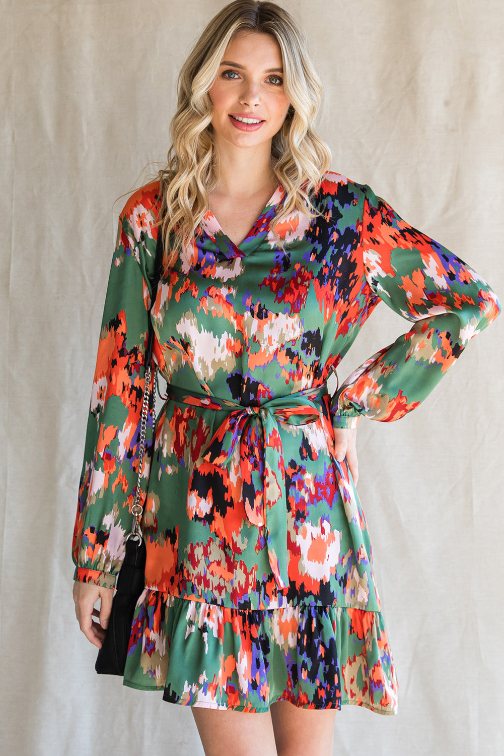 Abstract Print Waist Belted Flounce Hem Split V Neck Long Sleeve Dress