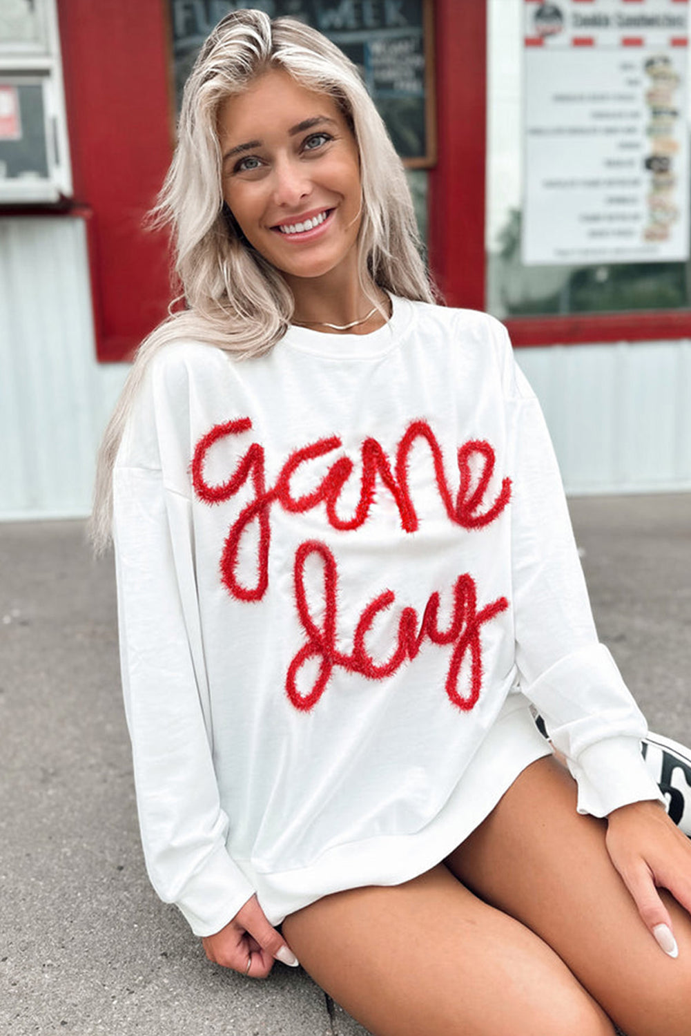 White Tinsel Game Day Drop Shoulder Sweatshirt