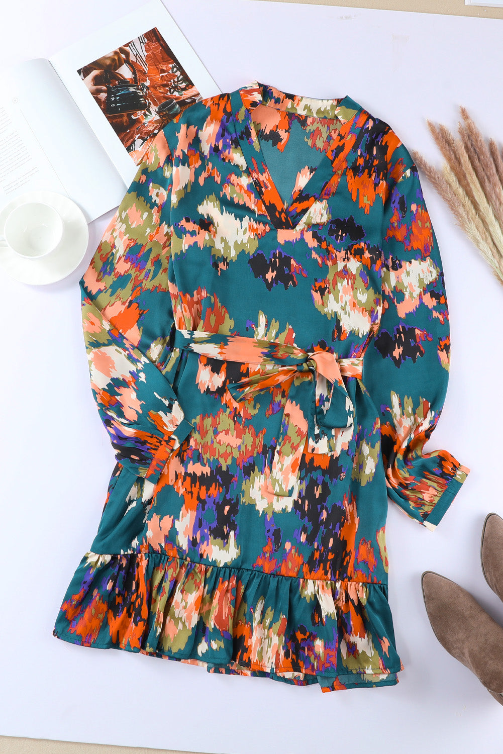 Abstract Print Waist Belted Flounce Hem Split V Neck Long Sleeve Dress