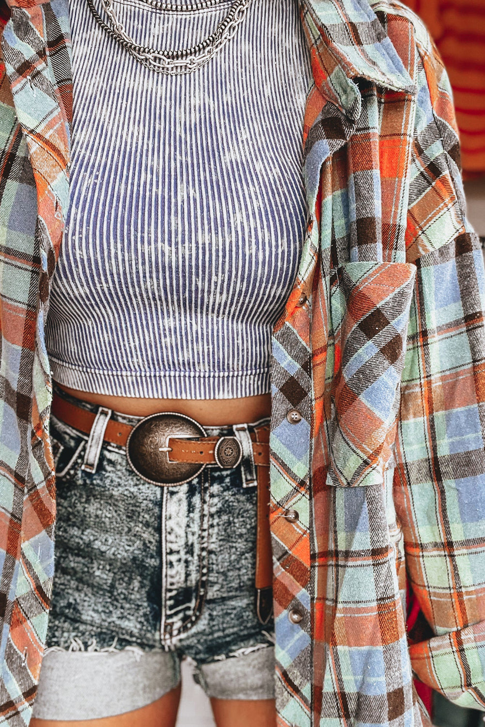 Red Plaid Print Drop Sleeve Loose Shirt