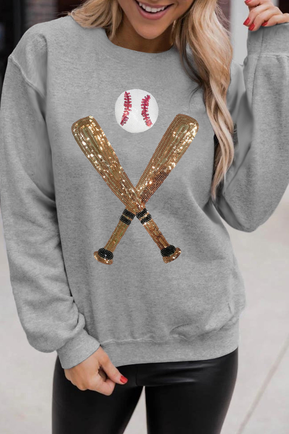 Gray Sequin Baseball Graphic Crewneck Game Day Sweatshirt