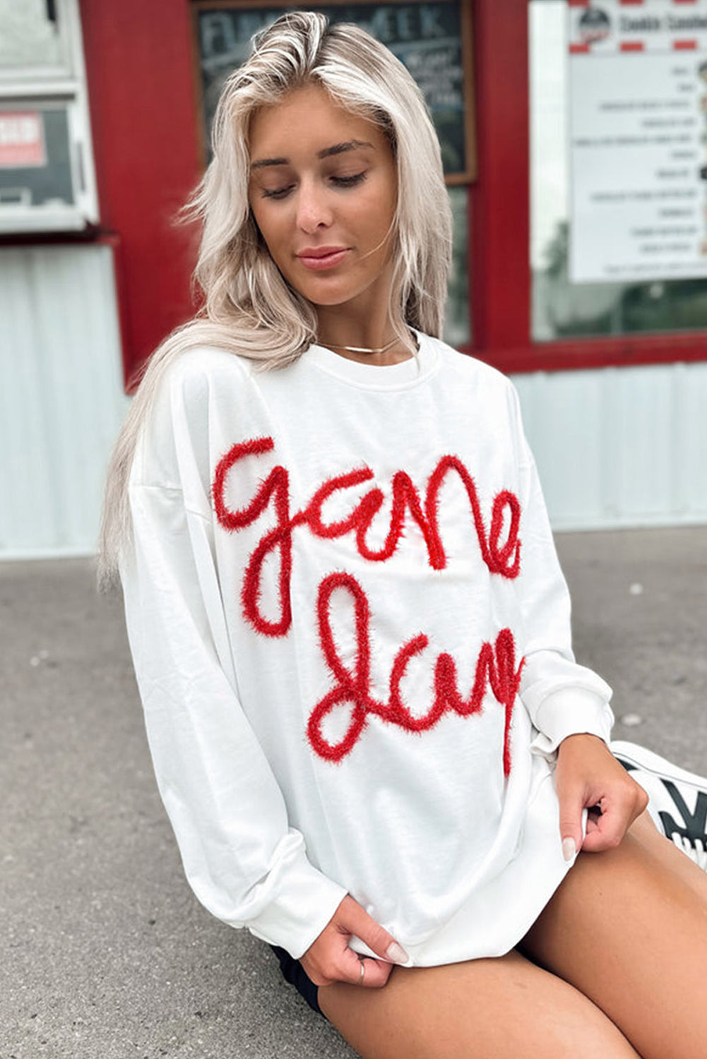 White Tinsel Game Day Drop Shoulder Sweatshirt