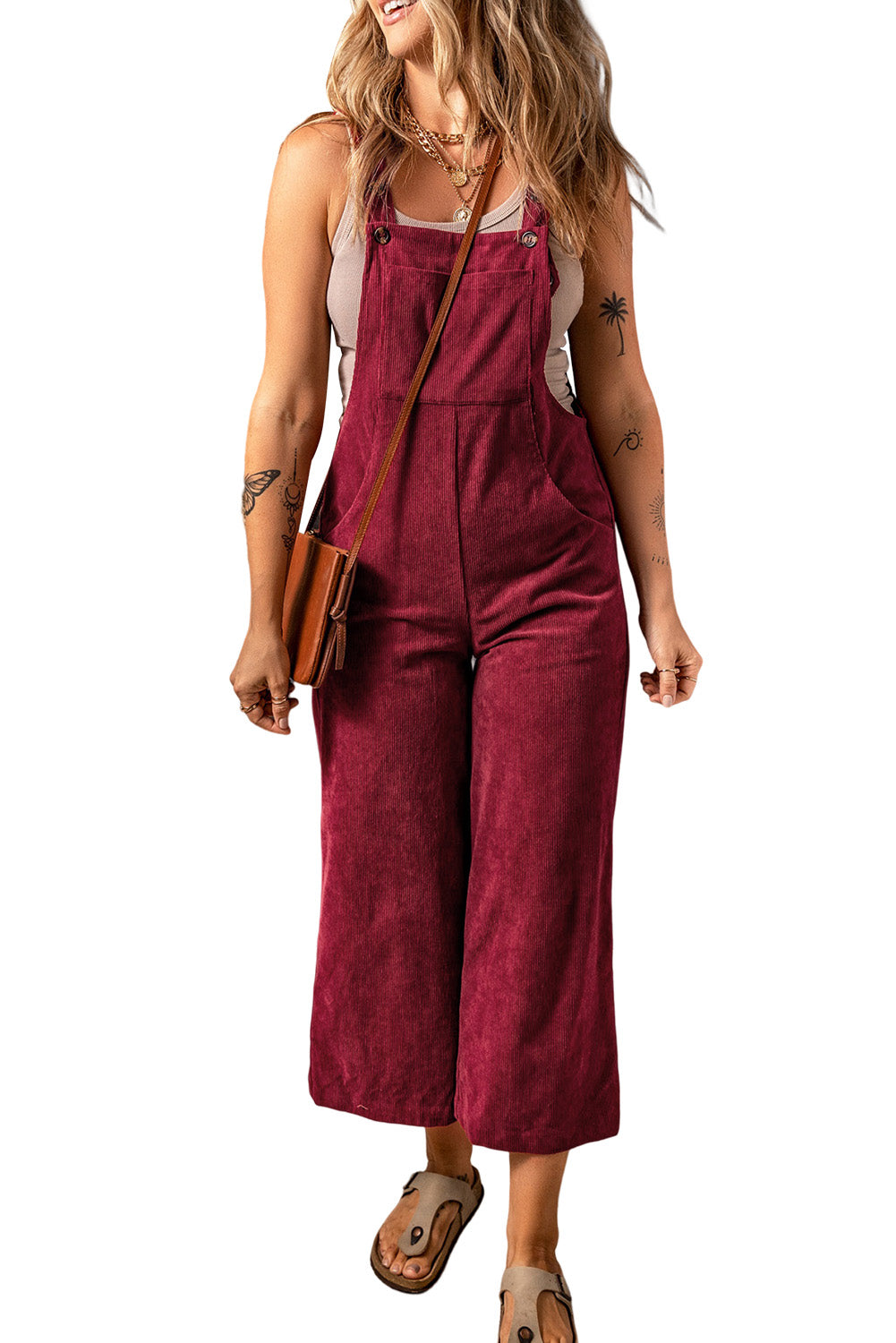 Fiery Red Solid Color Corduroy Wide Leg Bib Overalls