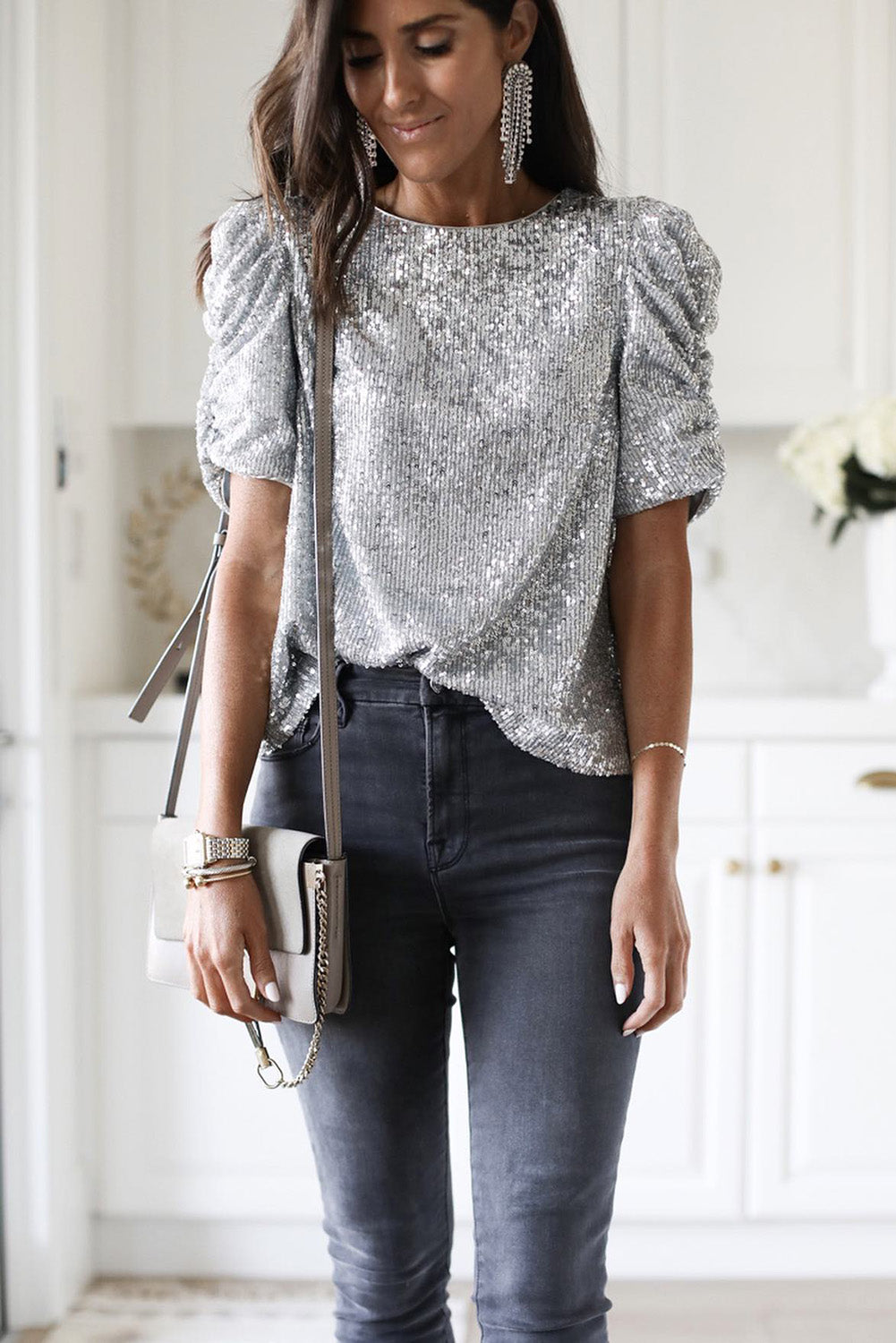 Silvery Short Ruched Puff Sleeve Sequin Top