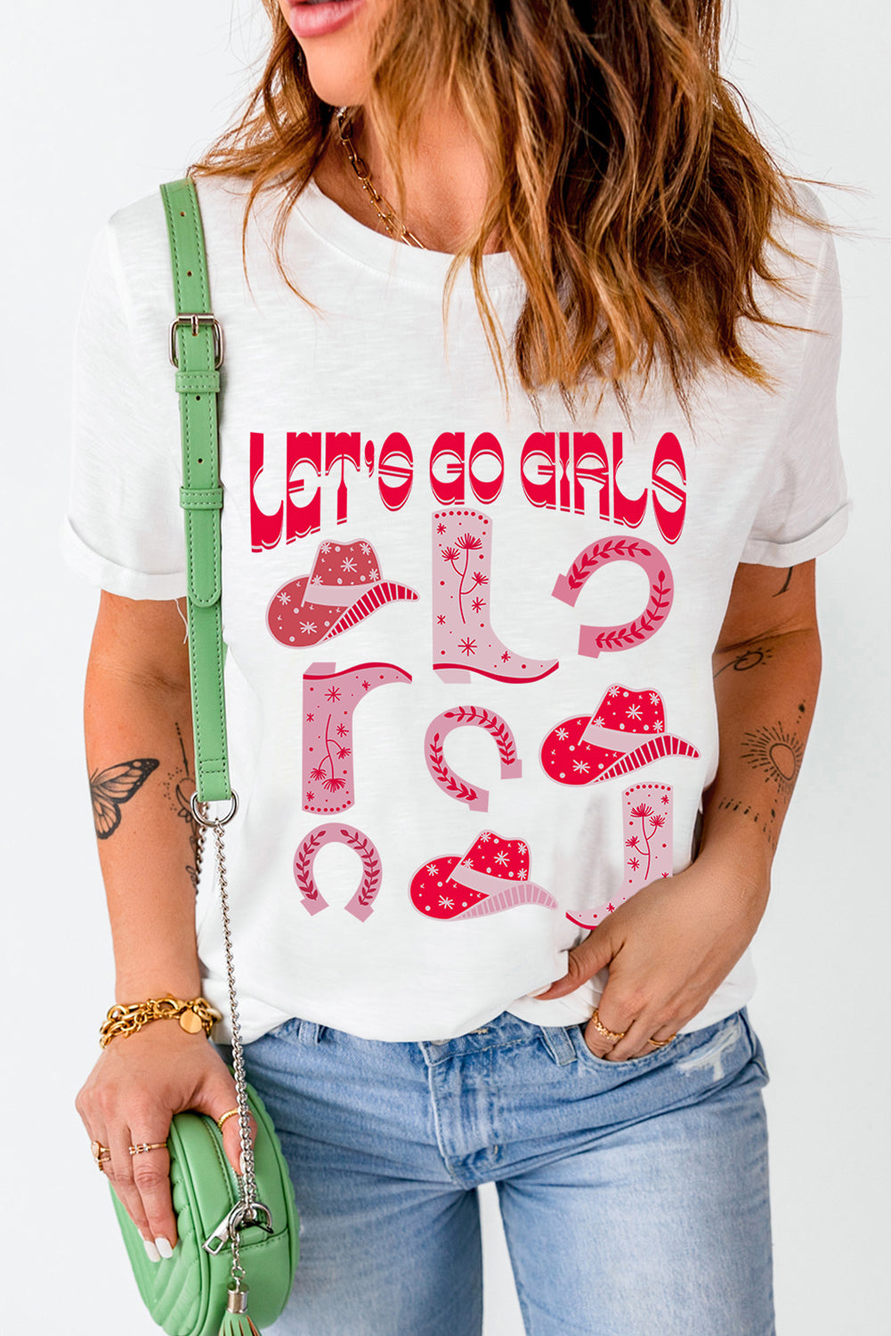 White LET'S GO GIRLS Boots & Hats Graphic T Shirt