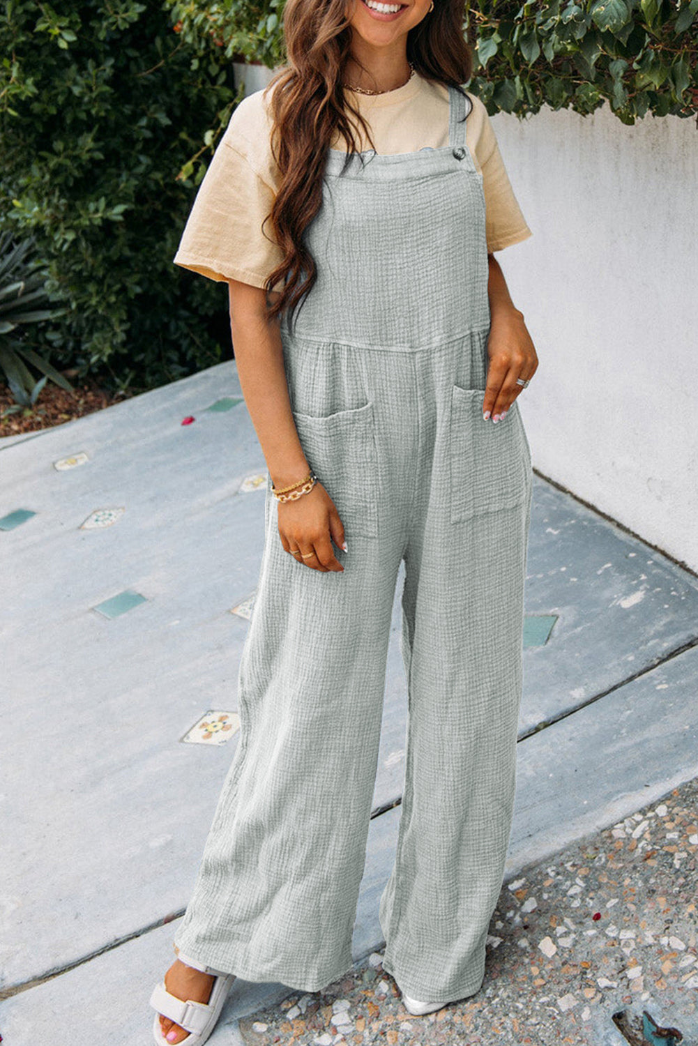 Gray Textured Wide Leg Overall with Pockets