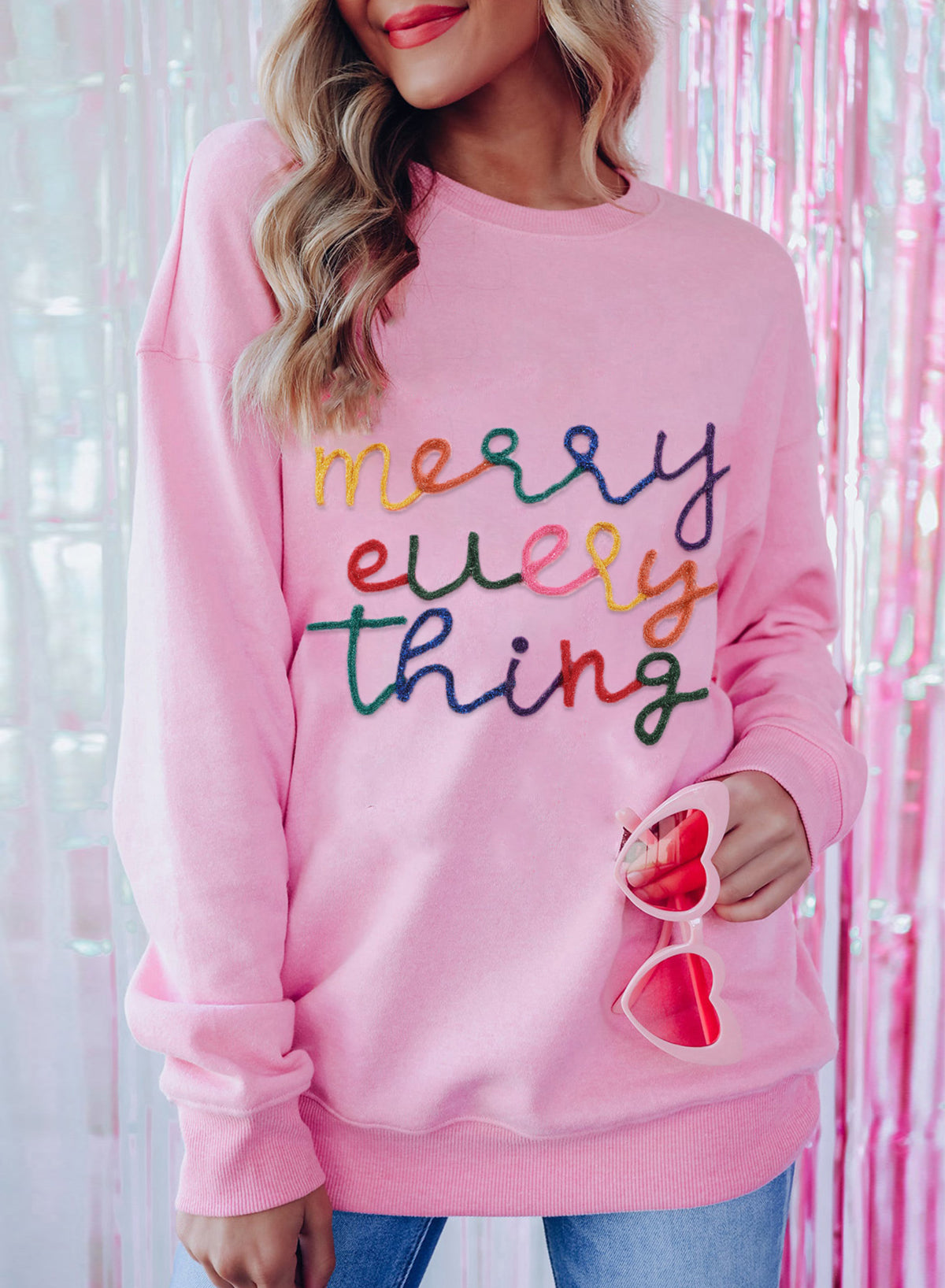 Peach Blossom Merry Every Thing Tinsel Slogan Sweatshirt