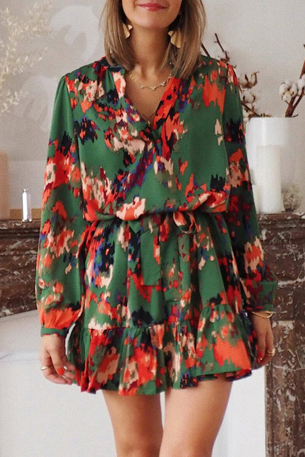 Abstract Print Waist Belted Flounce Hem Split V Neck Long Sleeve Dress