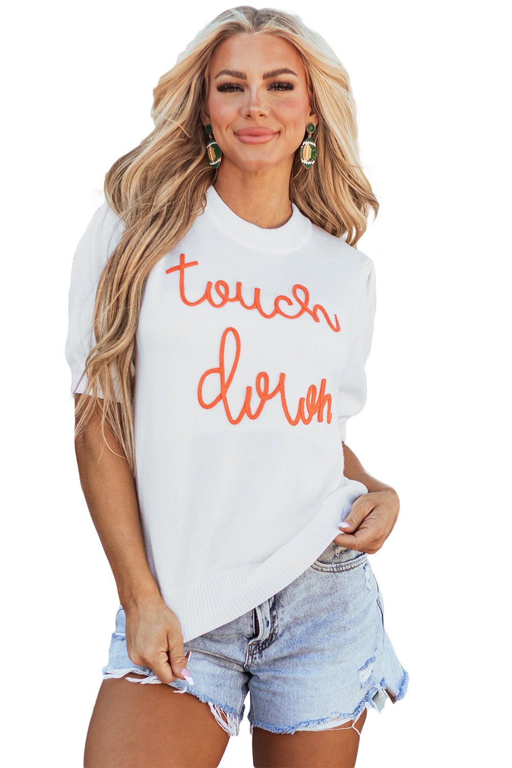 White Touchdown Tinsel Puff Short Sleeve Crew Neck Sweater