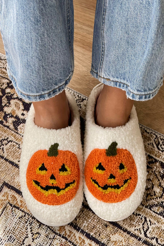 White Halloween Pumpkin Print Plush Slippers