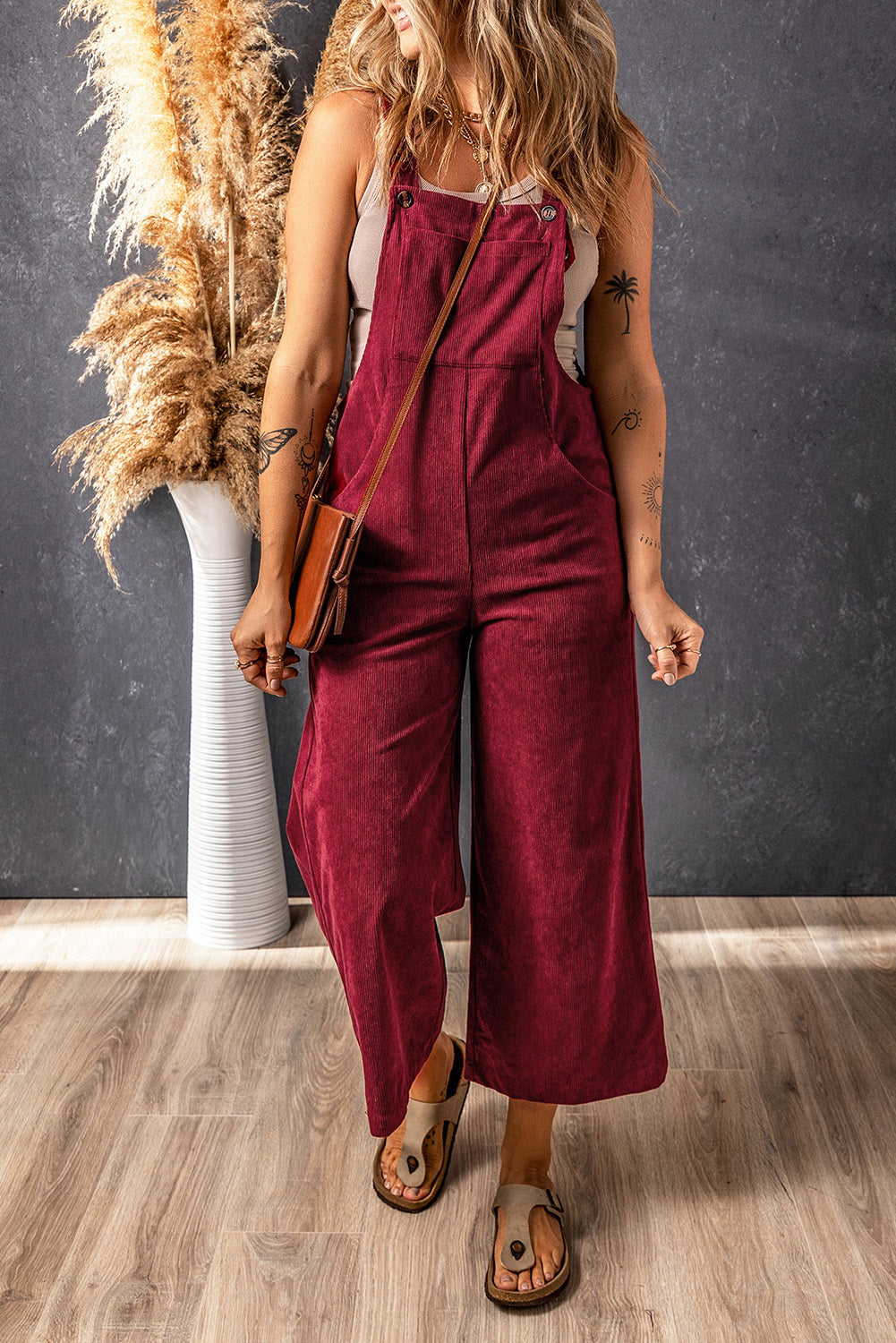 Fiery Red Solid Color Corduroy Wide Leg Bib Overalls