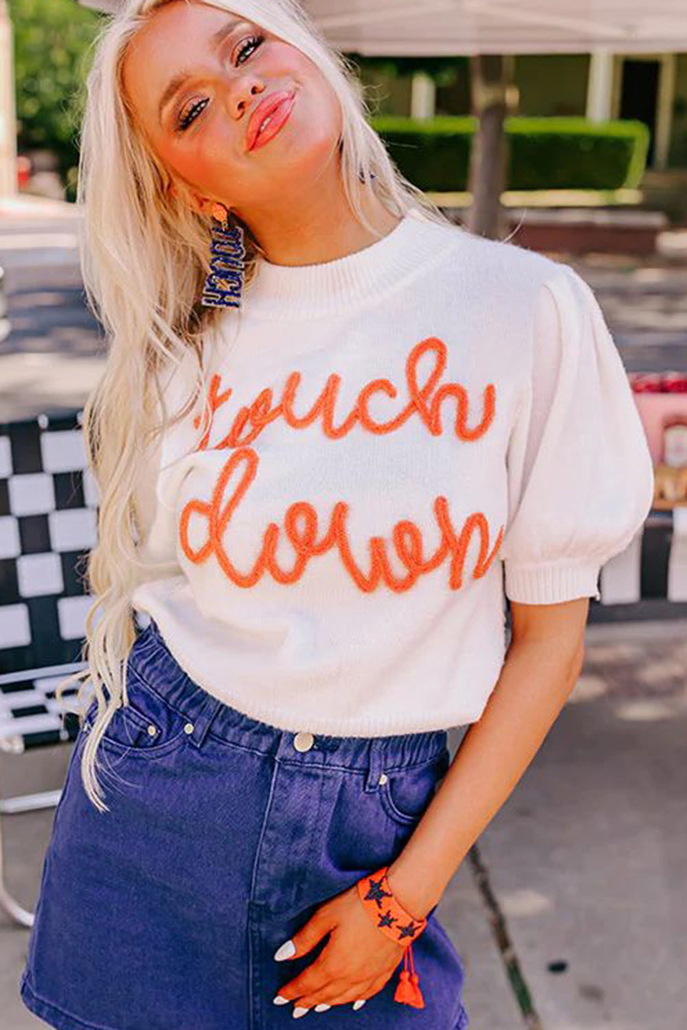 White Touchdown Tinsel Puff Short Sleeve Crew Neck Sweater