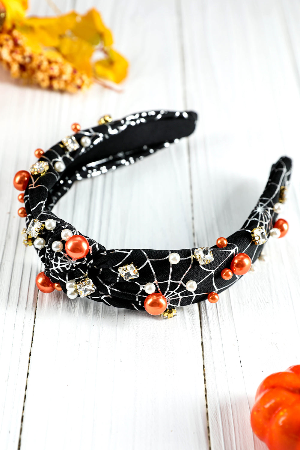 Black Pearled Rhinestone Knotted Spiderweb Halloween Headband