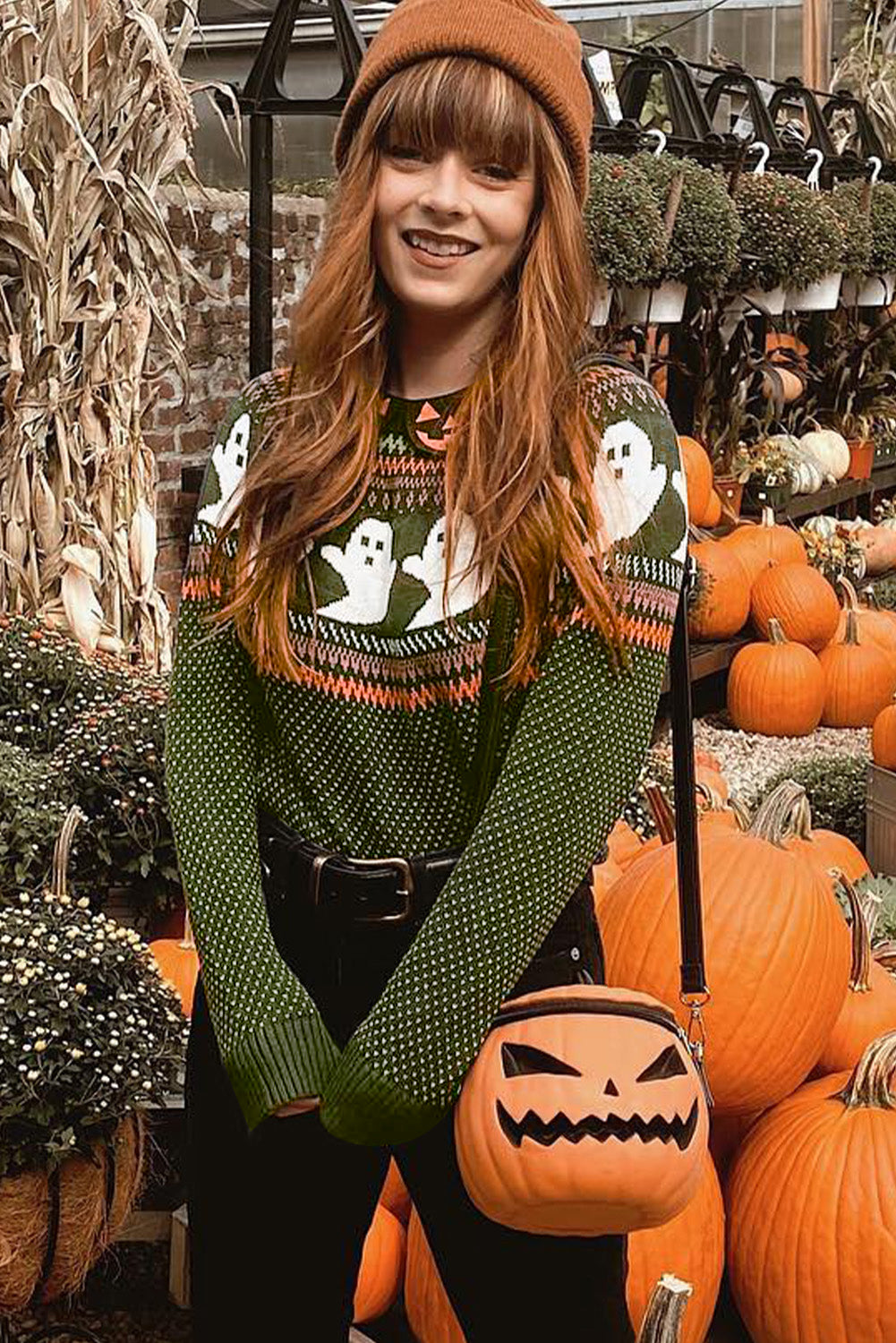 Jungle Green Halloween Ghost Pattern Drop Shoulder Sweater