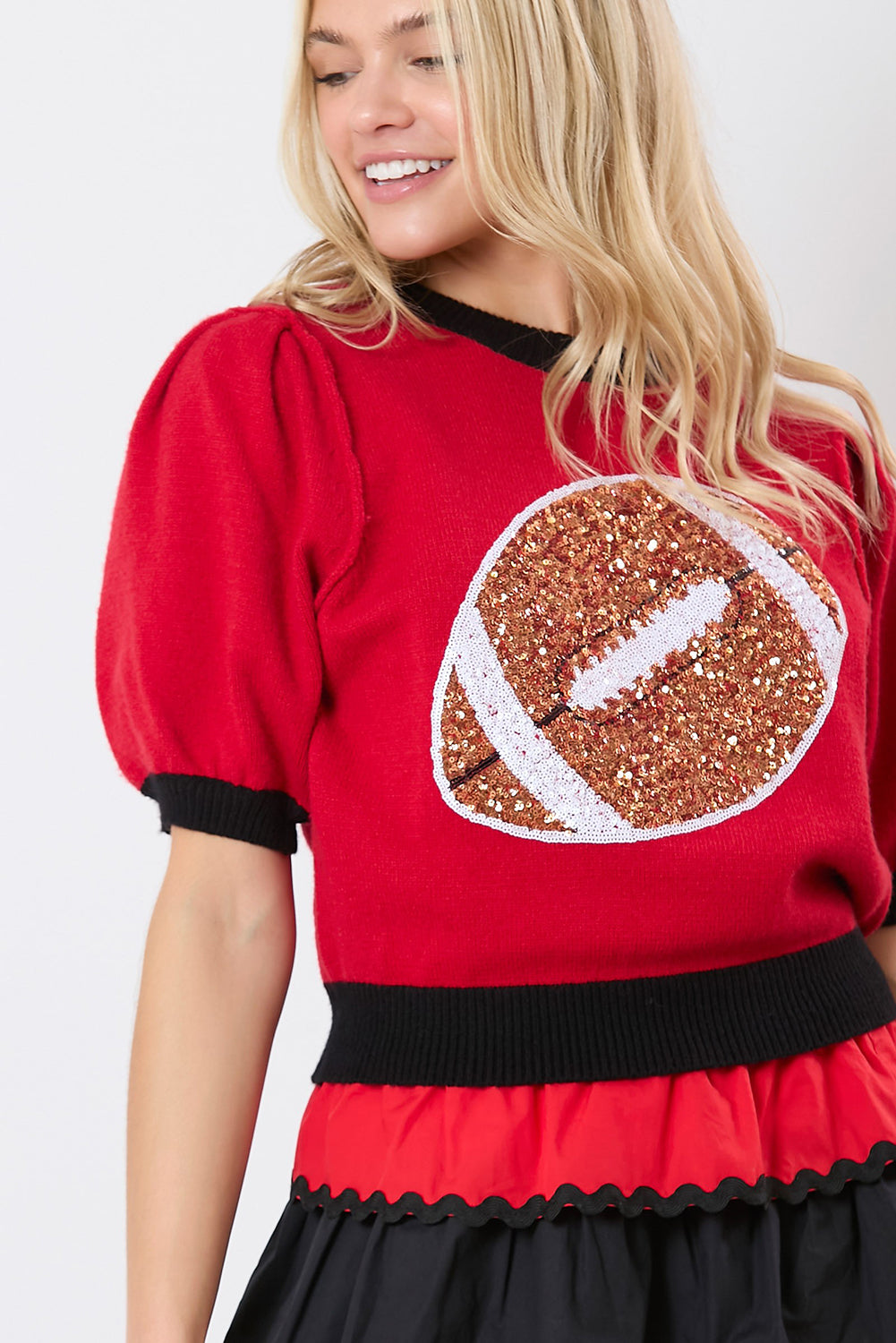 Red Sequin Rugby Color Block Puff Short Sleeve Sweater