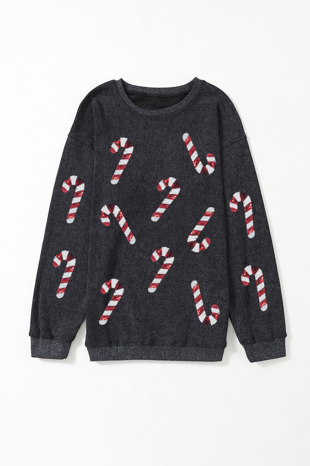 Black Xmas Candy Cane Shining Graphic Corded Sweatshirt