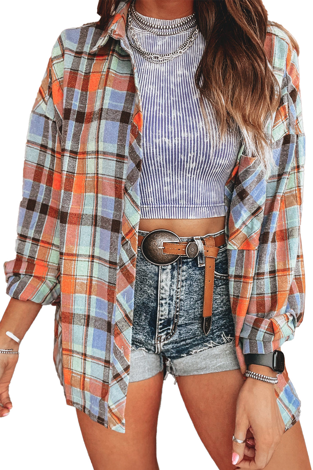 Red Plaid Print Drop Sleeve Loose Shirt