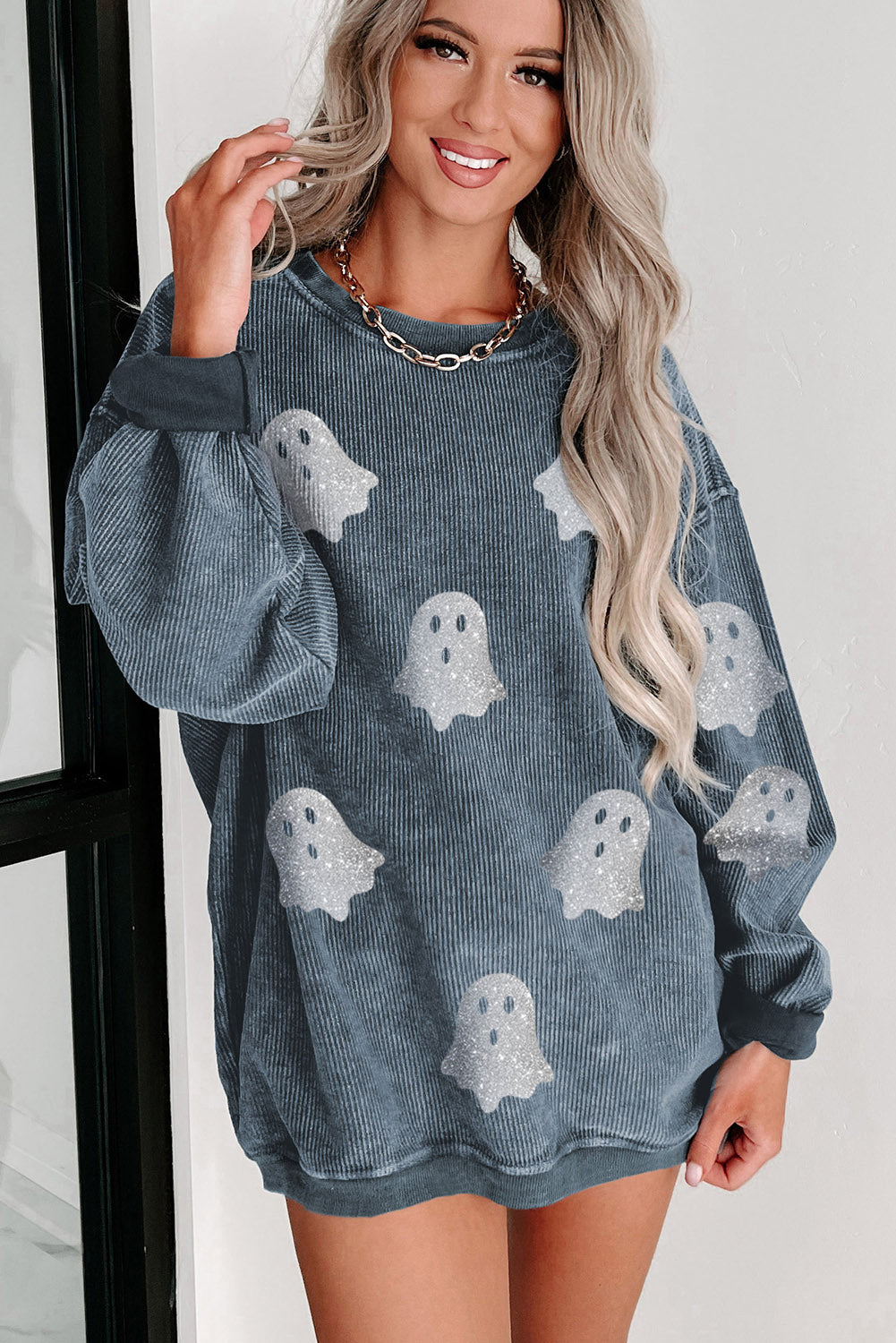 Blue Halloween Ghost Corded Crew Neck Loose Sweatshirt