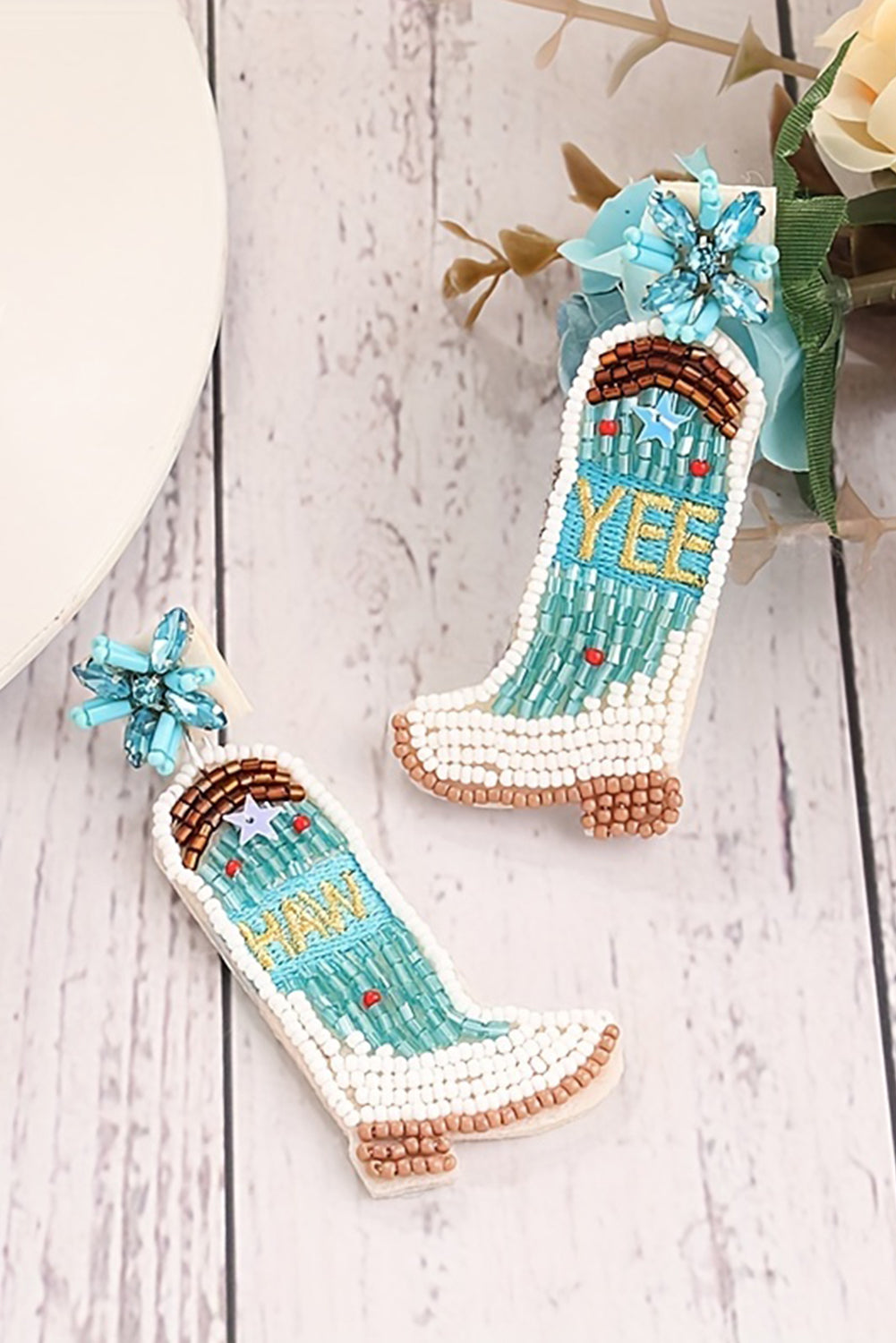 Light Blue Rice Beaded Boots Dangle Earrings