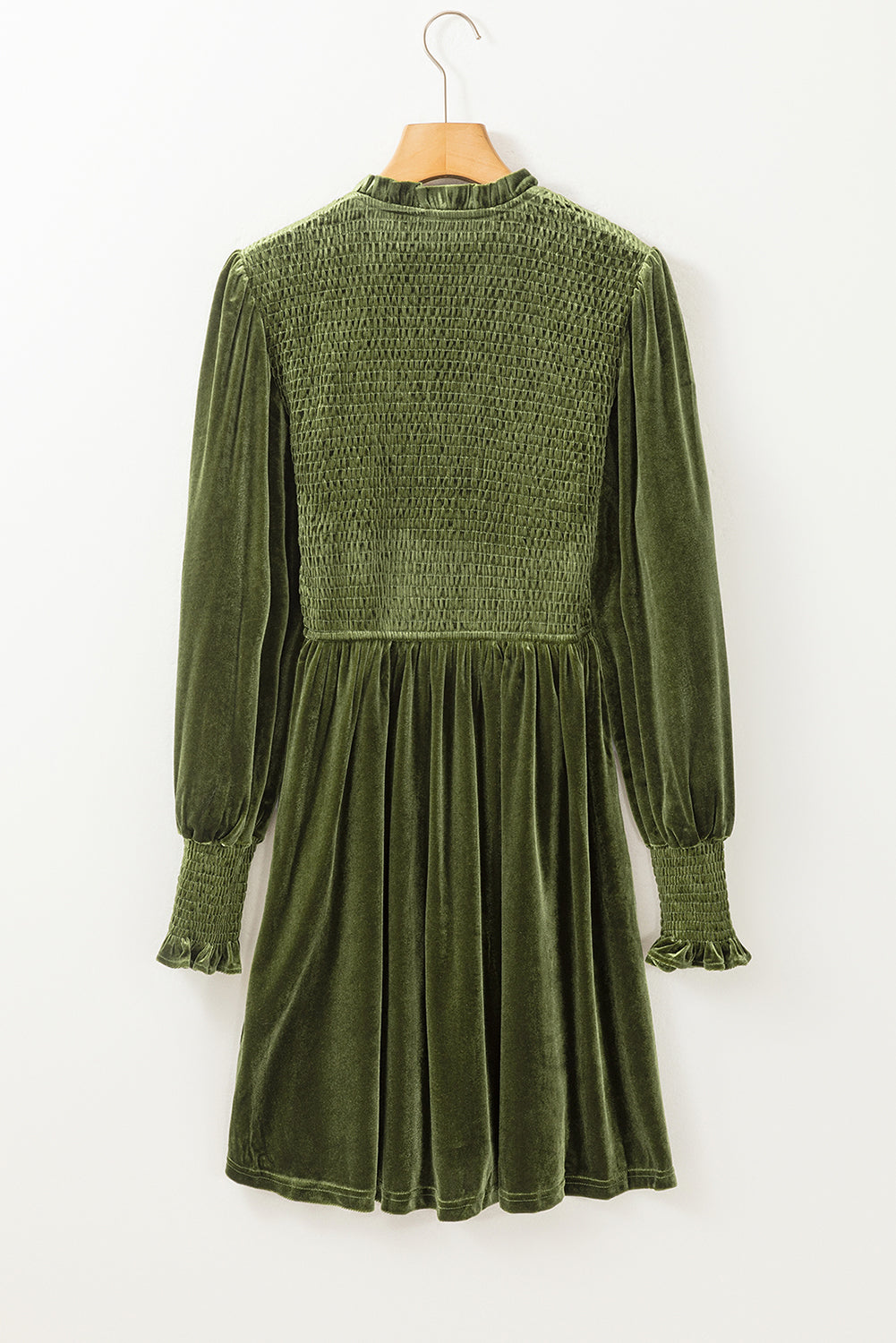 Moss Green Frilled Neck Smocked Bodice Velvet Dress