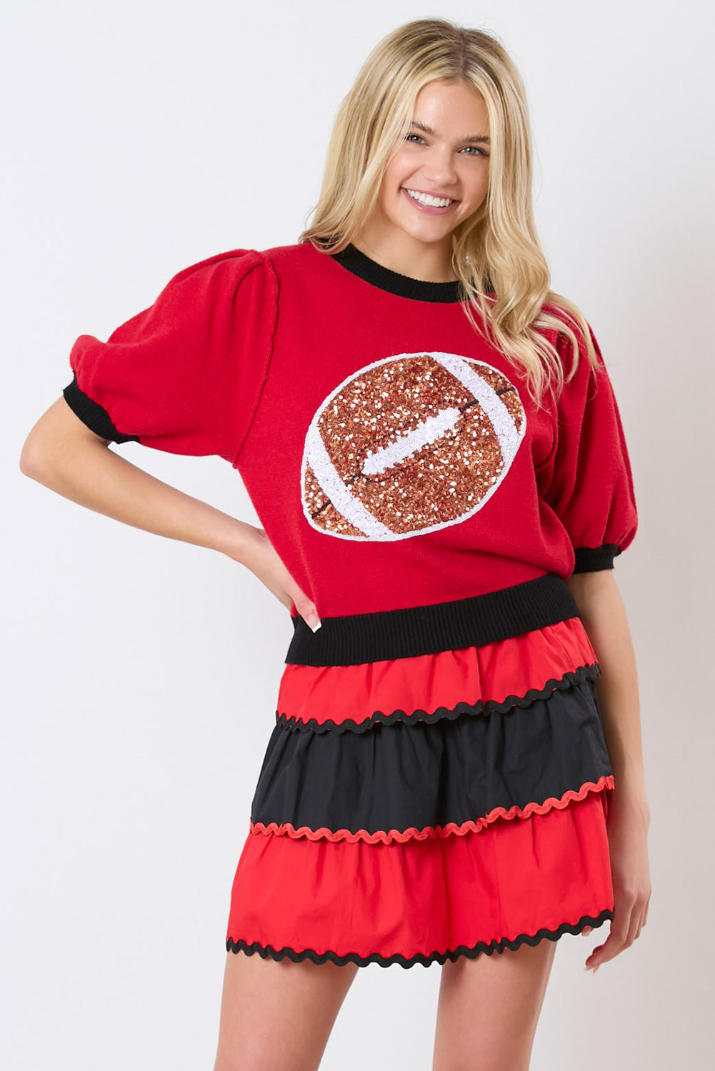 Red Sequin Rugby Color Block Puff Short Sleeve Sweater