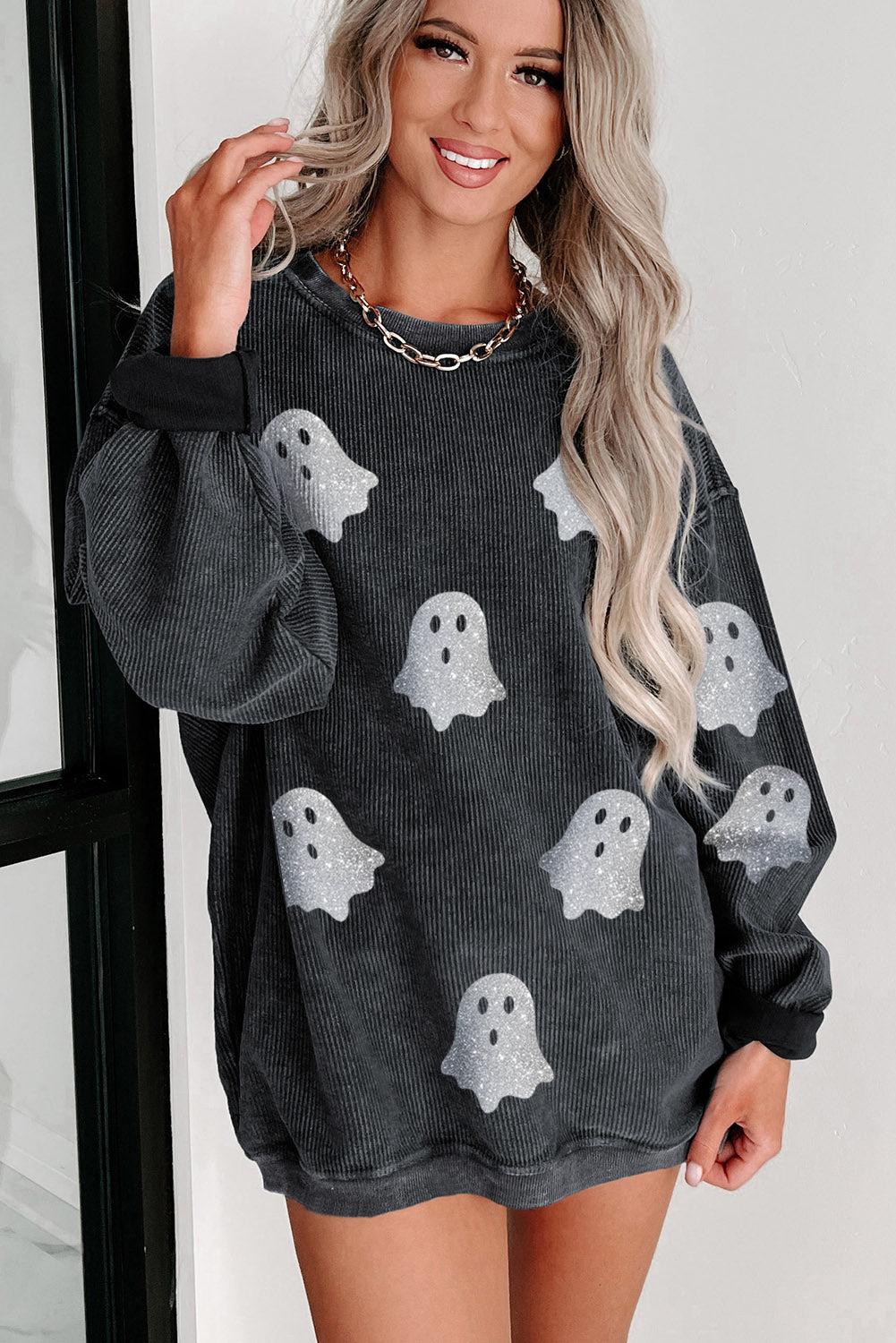 Blue Halloween Ghost Corded Crew Neck Loose Sweatshirt